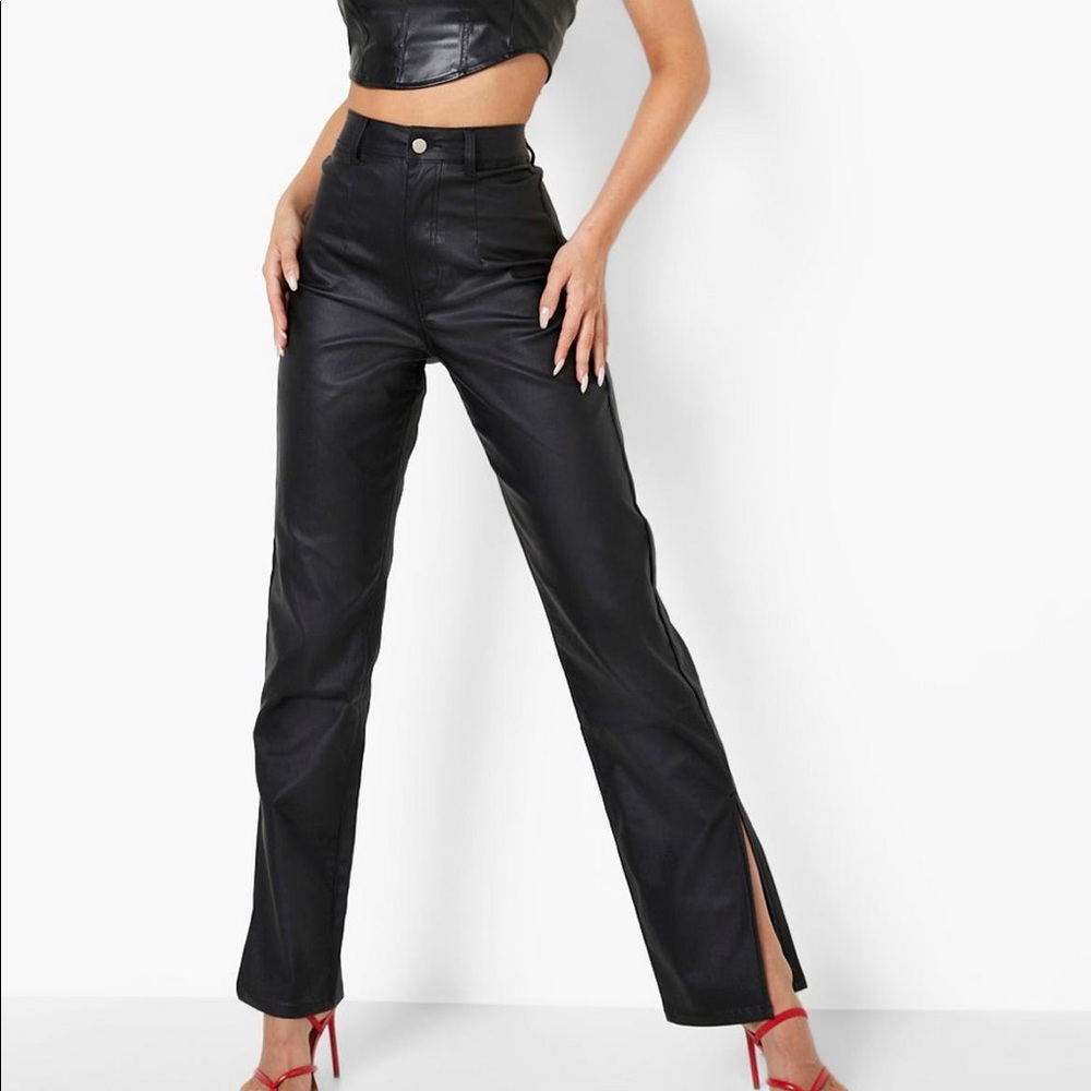Faux Leather High Waist Split Hem Jeans NWT